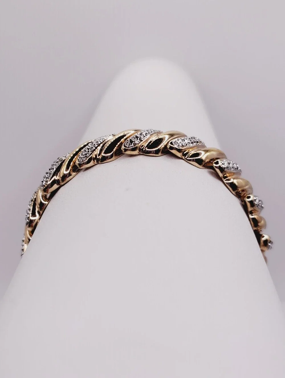 Genuine Diamond Yellow Gold and 925 Silver Twisted Pave Bracelet